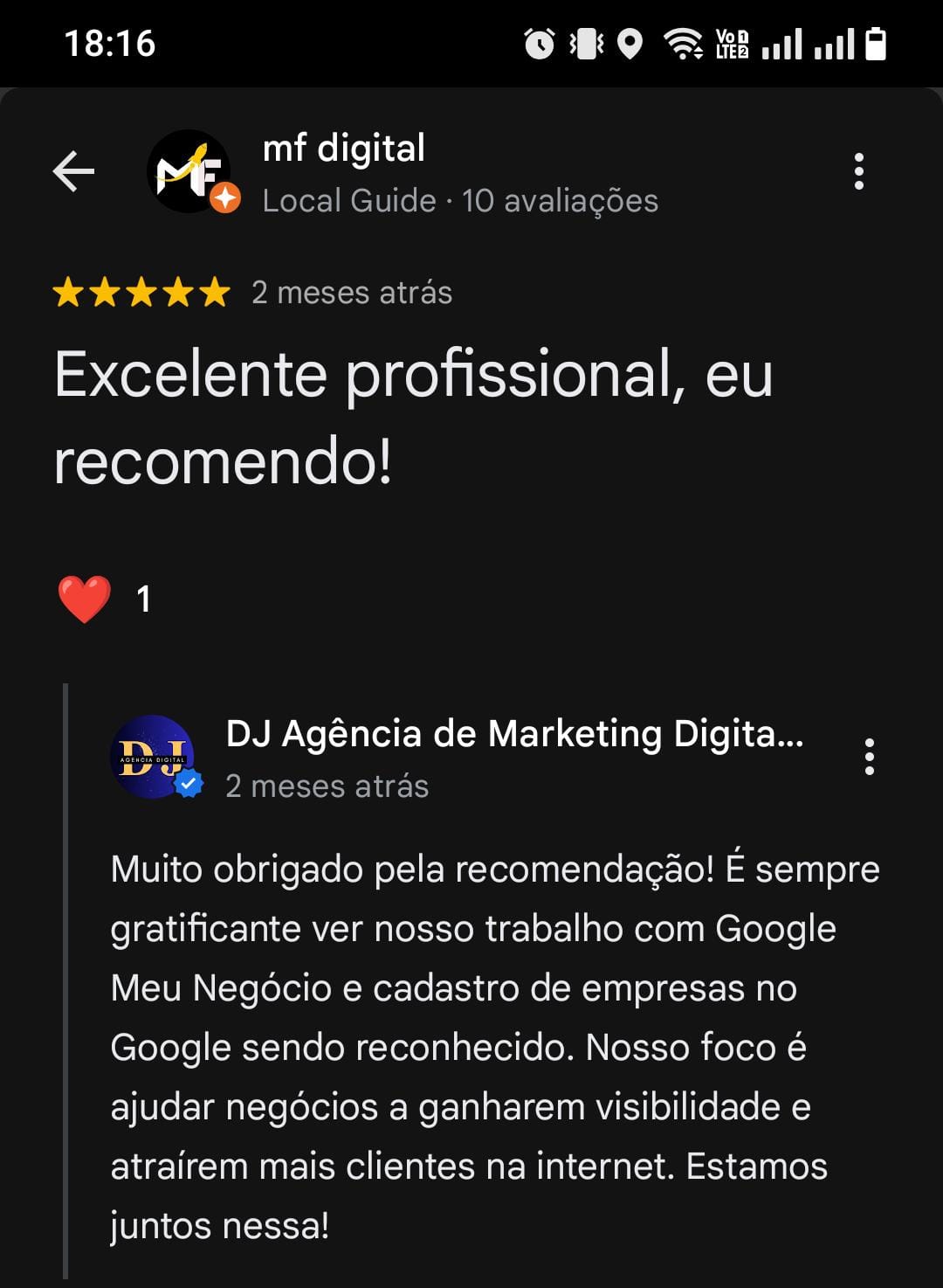 Avaliação de cliente 1 no Google