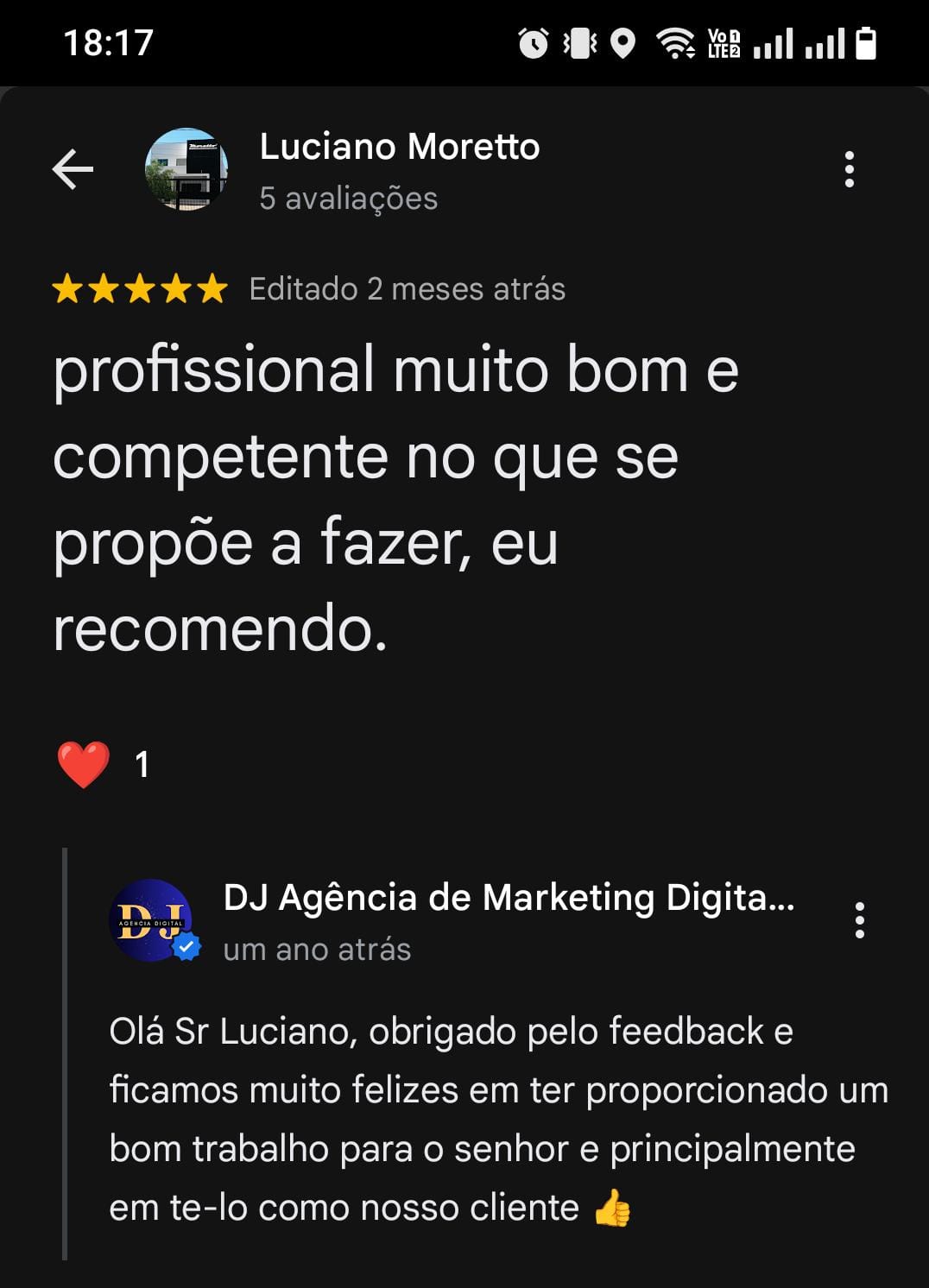 Avaliação de cliente 5 no Google