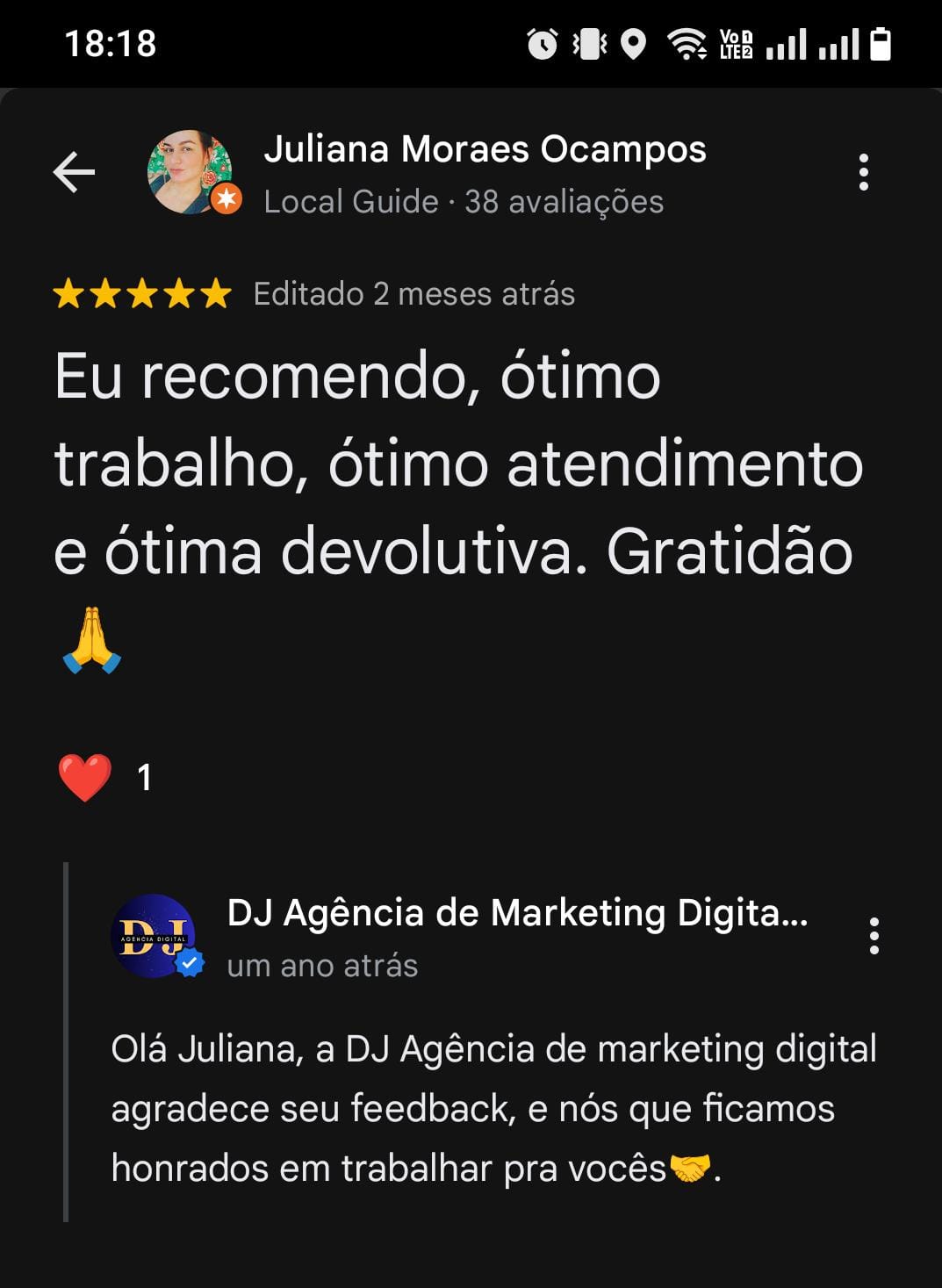 Avaliação de cliente 6 no Google