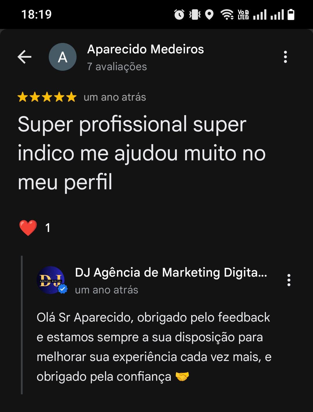 Avaliação de cliente 8 no Google