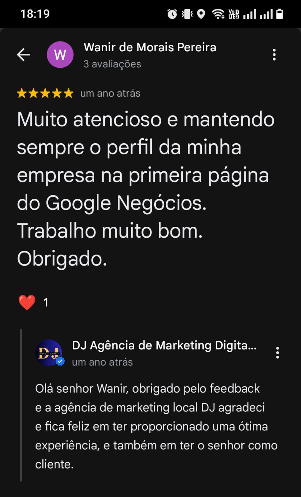 Avaliação de cliente 9 no Google